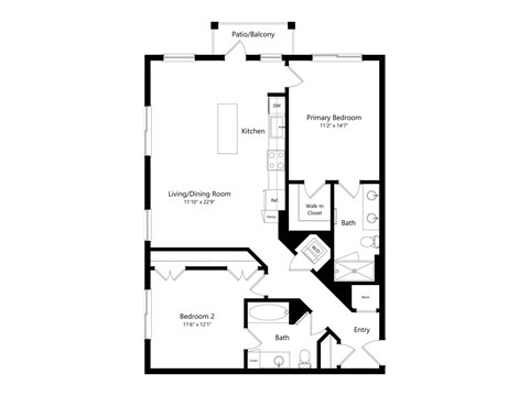 Floor plan for 2 beds, 2 baths, 1102 sqft